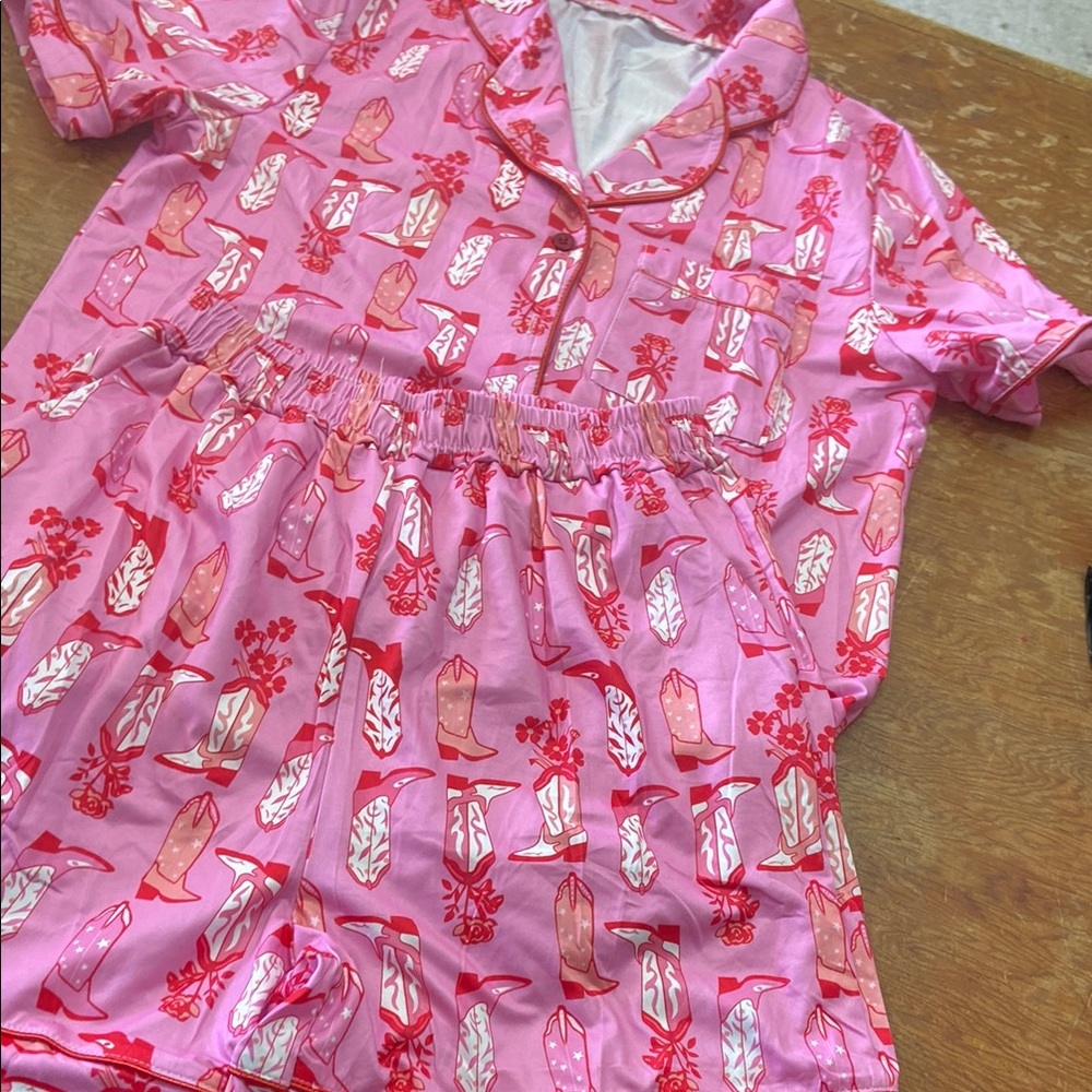 Pink Cowboy Boot Print Pajama Set